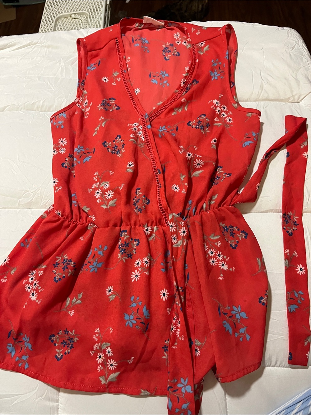 Red Floral Sleeveless Wrap shirt